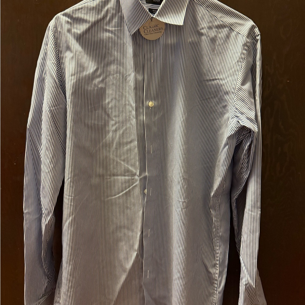 Hugo Boss Blue & White Dress Shirt Regular Fit Easy Iron 15.5”